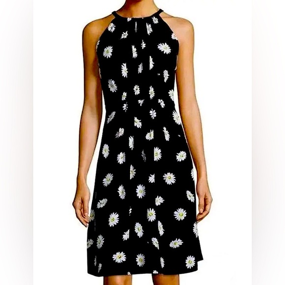 Kate Spade Black Tie High Neck Dress w/ Daisies & Cinched Waist Size 4 - Picture 3 of 9
